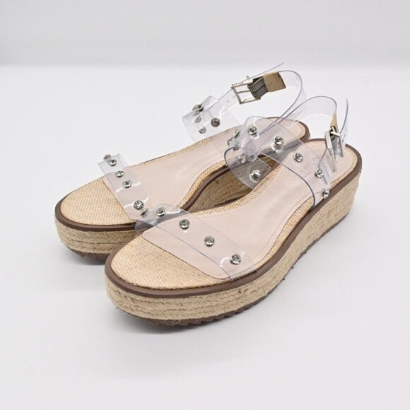 SCHUTZ Cristiane Espadrille Platform Wedge Sandals Womens Sz 7 Clear Rhinestone - Picture 2 of 10